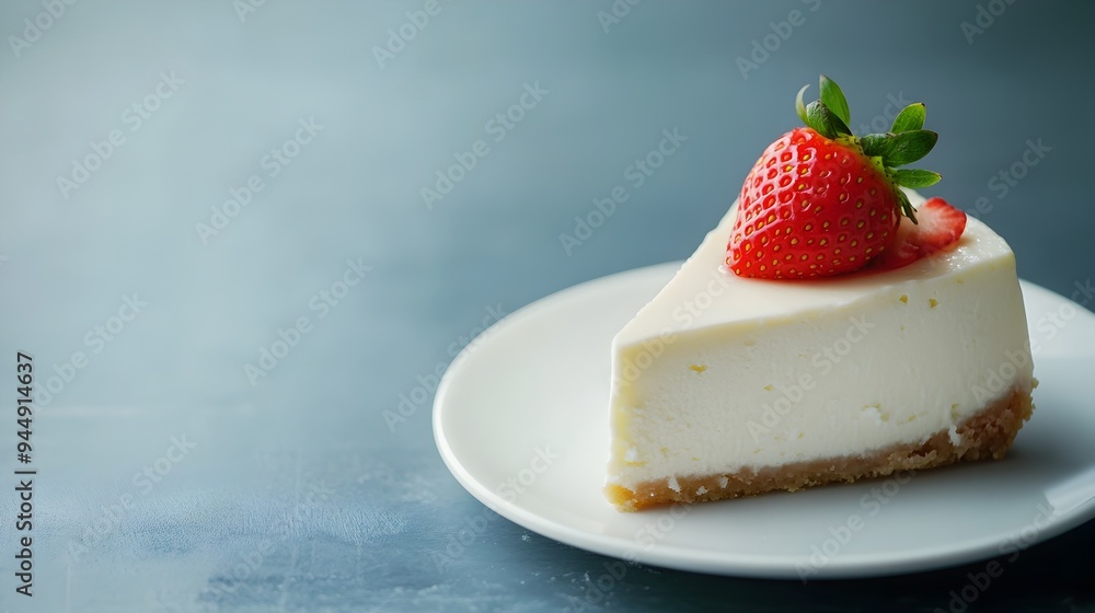 Delicious slice of New York style cheesecake with a fresh strawberry topping showcasing the creamy smooth and rich texture and indulgent mouthwatering flavor of this classic dessert Delicious slice of New York style cheesecake with a fresh strawberry topping showcasing the creamy smooth and rich texture and indulgent mouthwatering flavor of this classic dessert
