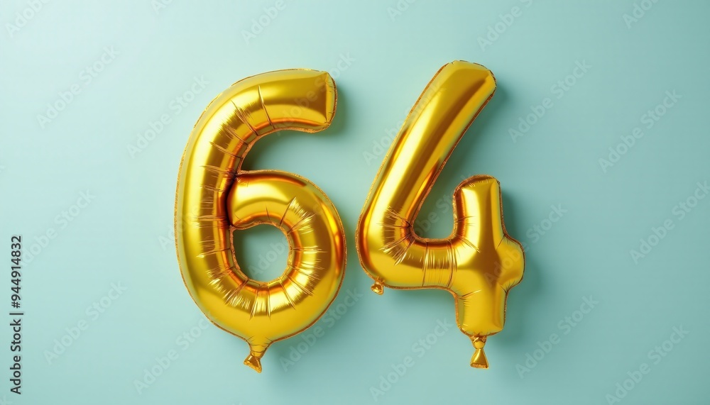 Banner with number 64 golden balloon with copy space. Sixty-fourth birthday celebration on a solid color background. Banner with number 64 golden balloon with copy space. Sixty-fourth birthday celebration on a solid color background.