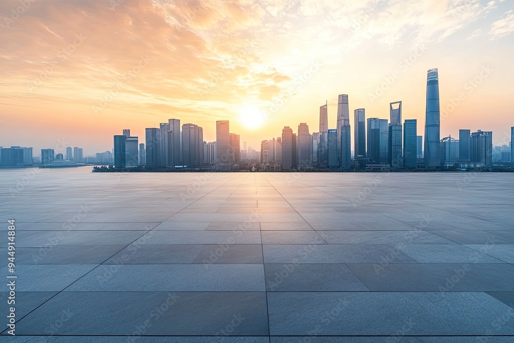 Empty floor and modern city skyline with building at sunset in Suzhou, Jiangsu Province, China. high angle view , ai Empty floor and modern city skyline with building at sunset in Suzhou, Jiangsu Province, China. high angle view , ai