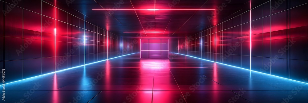 Neon Lights in a Dark Hallway with Tiles - 3D Illustration Neon Lights in a Dark Hallway with Tiles - 3D Illustration