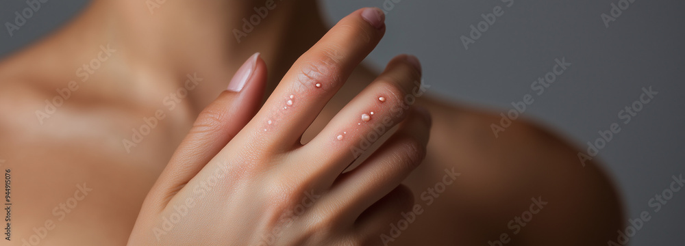 Monkeypox new disease dangerous infection pandemic. Female hands with Monkeypox rash. Monkeypox new disease dangerous infection pandemic. Female hands with Monkeypox rash.