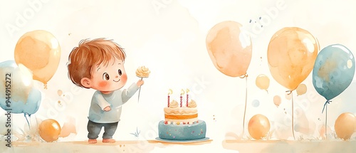 Cute watercolor cartoon baby with a small cake, celebrating a first birthday photo