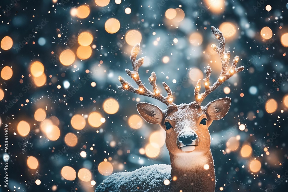 Reindeer silhouette design, soft snow falling in the background, Christmas tree lights softly glowing, realistic Reindeer silhouette design, soft snow falling in the background, Christmas tree lights softly glowing, realistic