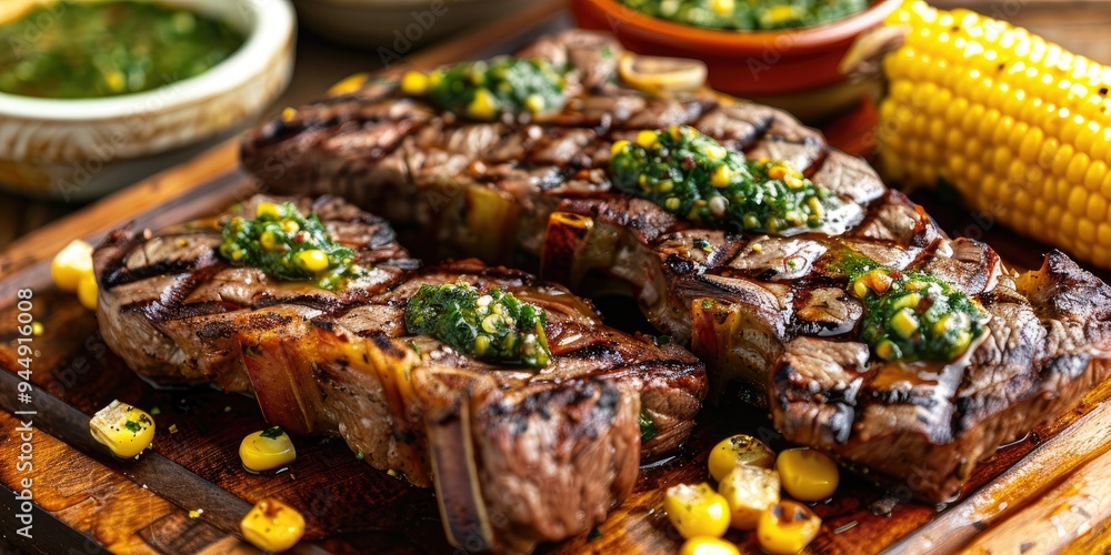 Grilled ribeye with chimichurri and roasted corn kernels Grilled ribeye with chimichurri and roasted corn kernels