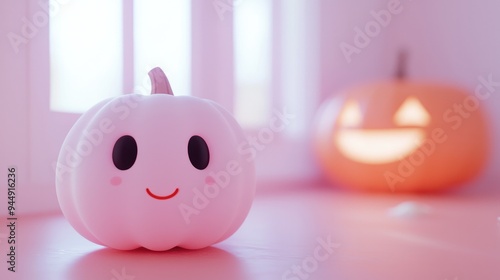 Cheerful Halloween pumpkin and smiling marshmallow