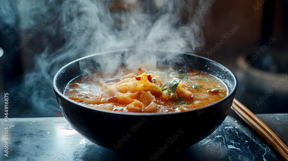 A dramatic, moody shot of Tom Yum Goong with steam rising, emphasizing the rich, spicy aroma of the soup, with a pair of chopsticks resting on the side A dramatic, moody shot of Tom Yum Goong with steam rising, emphasizing the rich, spicy aroma of the soup, with a pair of chopsticks resting on the side