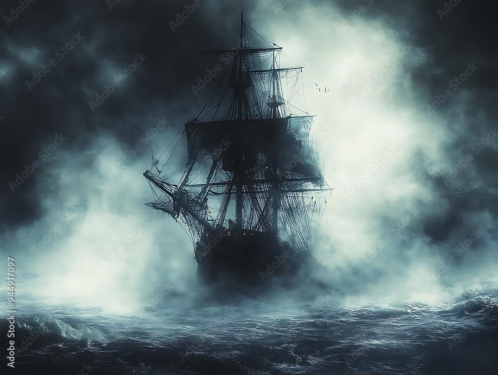 Ghost Ship Sailing Through a Foggy Sea - Digital Illustration Ghost Ship Sailing Through a Foggy Sea - Digital Illustration