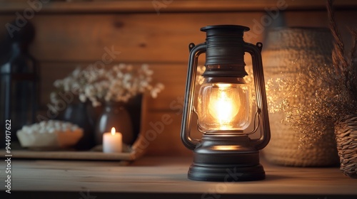 A Vintage Lantern Illuminates a Wooden Tabletop