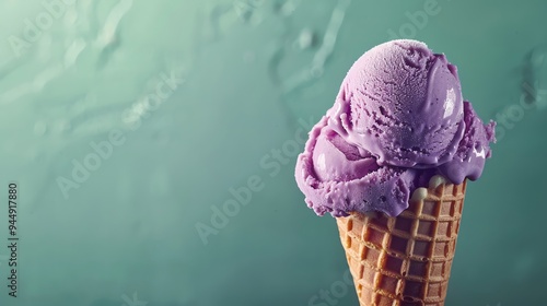 A lavendercolored ice cream scoop in a waffle cone, set against a pastel green background, Realism, Soft Colors, Elegant photo