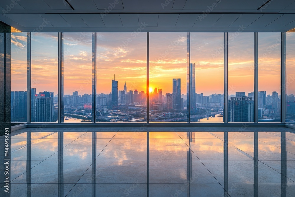 Fototapeta premium Empty floor and modern city skyline with building at sunset in Suzhou, Jiangsu Province, China. high angle view , ai