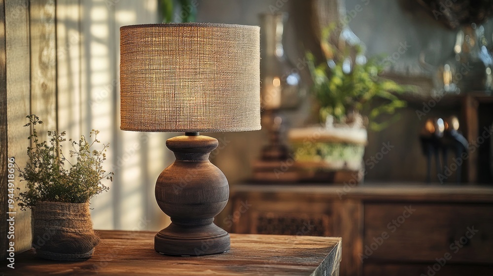 Rustic Table Lamp with Wooden Base and Linen Shade Rustic Table Lamp with Wooden Base and Linen Shade
