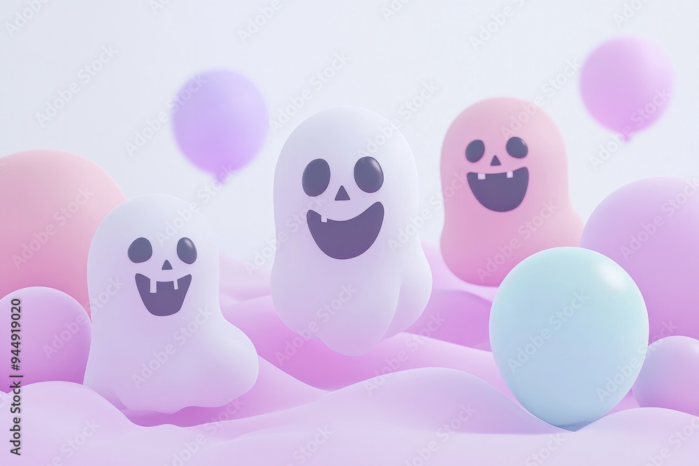 Obraz premium Playful ghost shaped marshmallows on pastel background