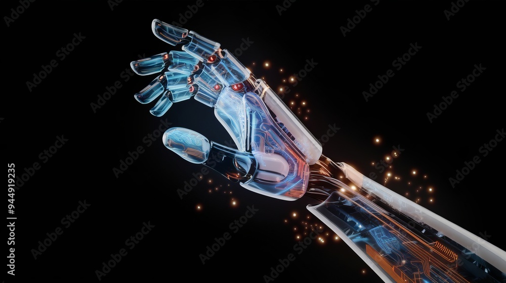Naklejka premium 3D illustration of a transparent and glowing robot hand.