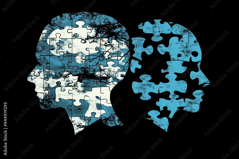Puzzle Head Silhouettes in Blue Tones Representing Cognitive Complexity Problem Solving and the Challenges of Mental Health Puzzle Head Silhouettes in Blue Tones Representing Cognitive Complexity Problem Solving and the Challenges of Mental Health