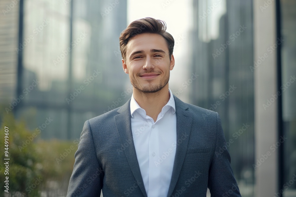 Handsome 30s top manager portrait in formal suit. Successful entrepreneur look camera. Confident business man smile. Young male businessman face. Urban city background. employee work. Office boss , ai Handsome 30s top manager portrait in formal suit. Successful entrepreneur look camera. Confident business man smile. Young male businessman face. Urban city background. employee work. Office boss , ai
