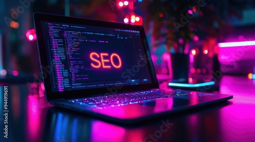 Laptop displaying SEO text in a techno-ambient workspace. Reflects digital marketing, coding, and futuristic technology vibes.