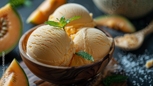 Cantaloup ice cream scoops in wooden bowl garnished with fresh mint leaves, with Cantaloup in the background.