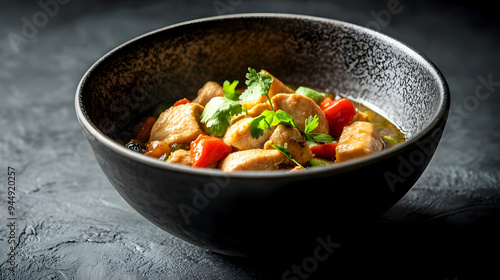 A minimalist presentation of Green Curry Chicken in a sleek, modern bowl, with the vibrant green of the curry contrasting against a dark background photo