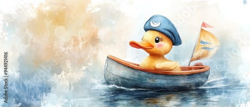 Delightful watercolor cartoon duck with a little sailor hat, sailing a toy boat photo