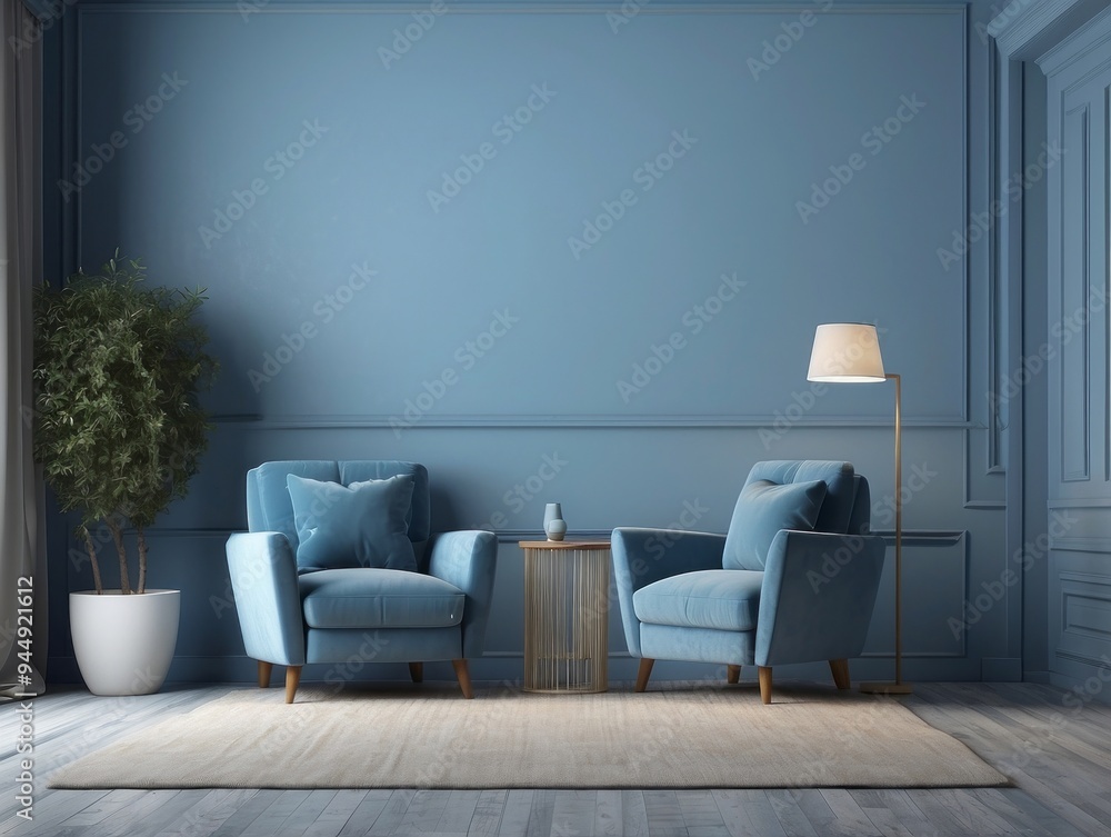 Two Blue Armchairs in a Blue Room with a Floor Lamp and a Plant Two Blue Armchairs in a Blue Room with a Floor Lamp and a Plant