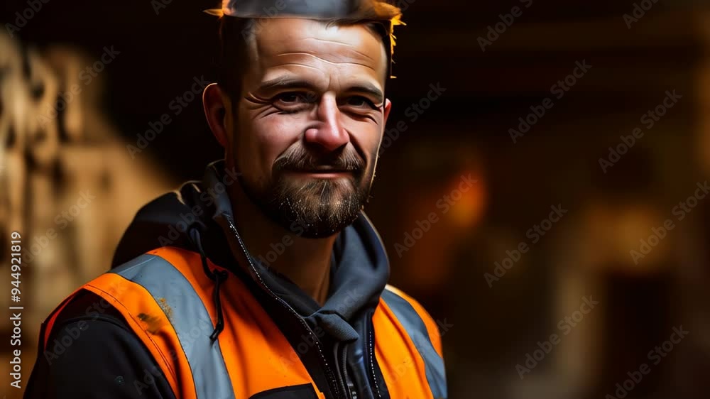 A skilled woodworker posing confidently in a workshop surrounded by stacked timber at dusk A skilled woodworker posing confidently in a workshop surrounded by stacked timber at dusk