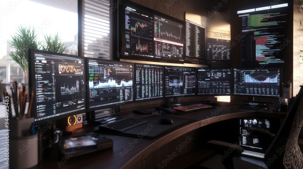 Multiple monitors displaying financial software, creating a professional environment. The screen is filled with charts, graphs and data, emphasizing financial analysis and trading activities. Multiple monitors displaying financial software, creating a professional environment. The screen is filled with charts, graphs and data, emphasizing financial analysis and trading activities.