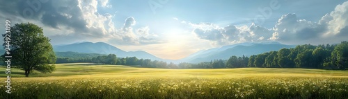 Green Meadow Landscape with Mountains and Blue Sky - Realistic Photo