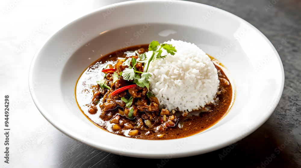 A minimalist presentation of Pad Kra Pao in a modern white bowl A minimalist presentation of Pad Kra Pao in a modern white bowl