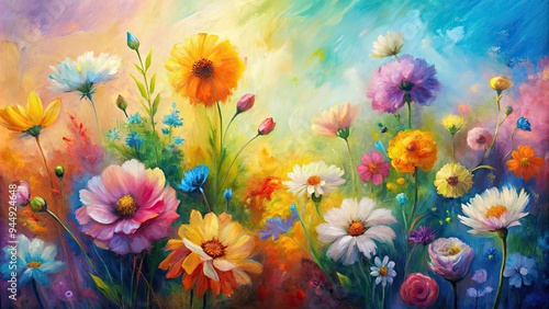 Fototapeta Naklejka Na Ścianę i Meble -  Abstract colorful nature oil painting of pastel flowers with brush strokes on canvas texture, flowers, nature
