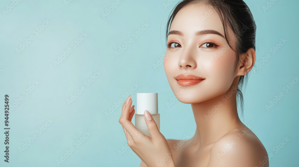 Asian woman confidently displaying a skincare product in her hand, with soft lighting Asian woman confidently displaying a skincare product in her hand, with soft lighting