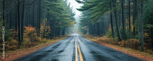 Road disappearing into the distance among tall pines, endless possibilities photo