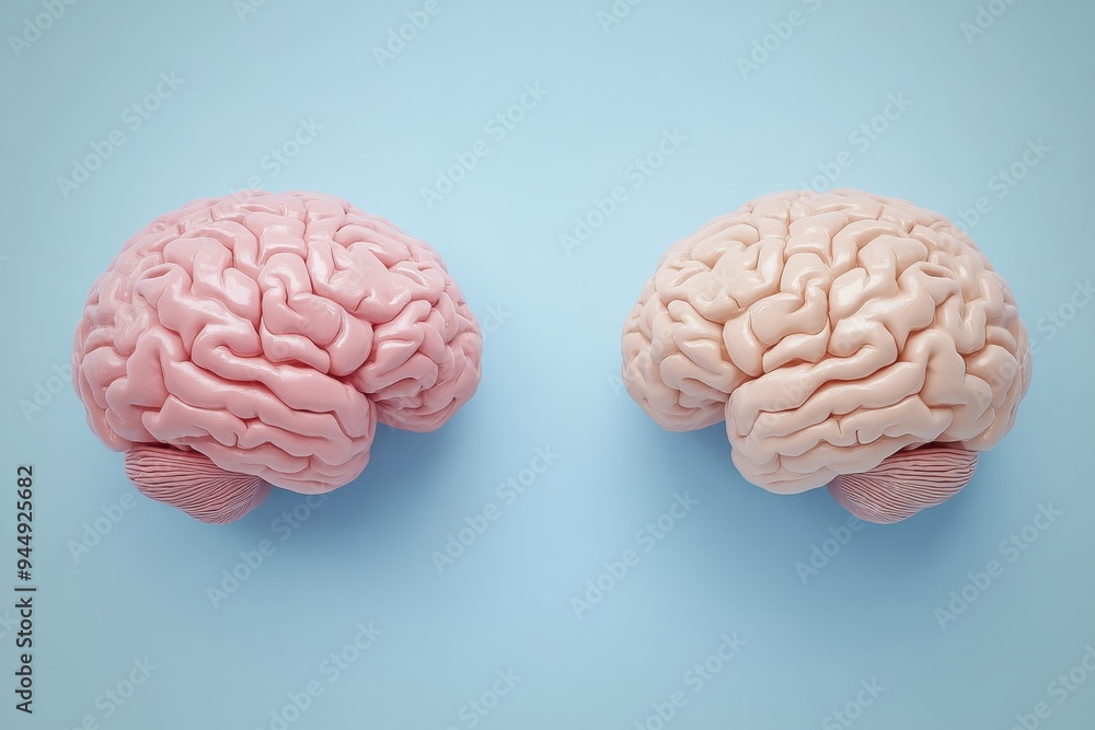 Two Pink Human Brain Models on a Light Blue Background Reflecting Simplicity and Clarity in Thought Two Pink Human Brain Models on a Light Blue Background Reflecting Simplicity and Clarity in Thought