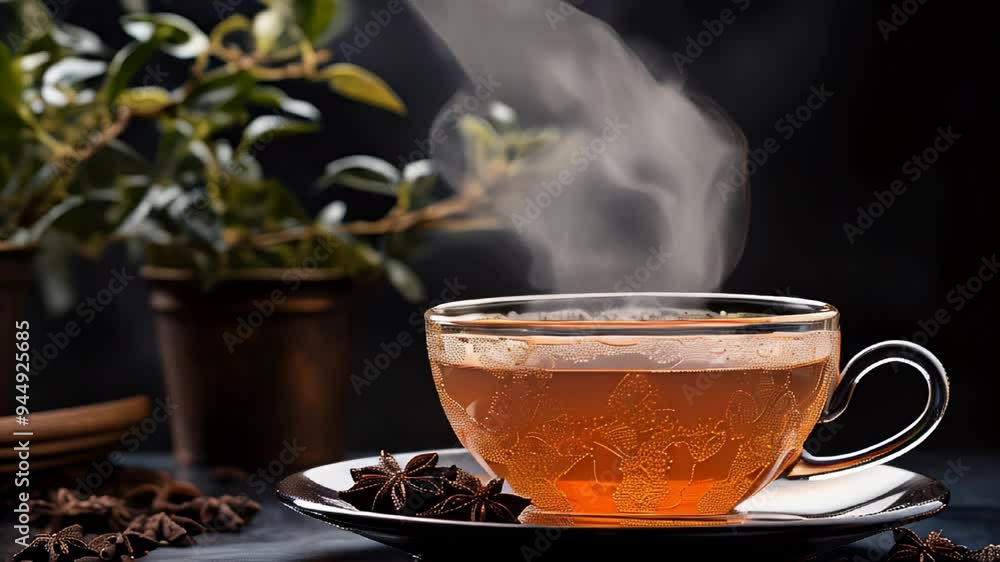 Brewing aromatic herbal tea with steam rising in a cozy setting surrounded by herbs and spices Brewing aromatic herbal tea with steam rising in a cozy setting surrounded by herbs and spices