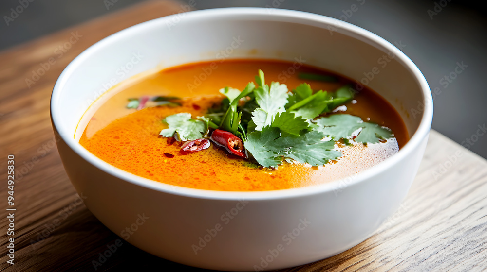 A minimalist presentation of Tom Yum Goong in a white ceramic bowl, focusing on the contrast between the deep orange broth and the fresh green herbs A minimalist presentation of Tom Yum Goong in a white ceramic bowl, focusing on the contrast between the deep orange broth and the fresh green herbs