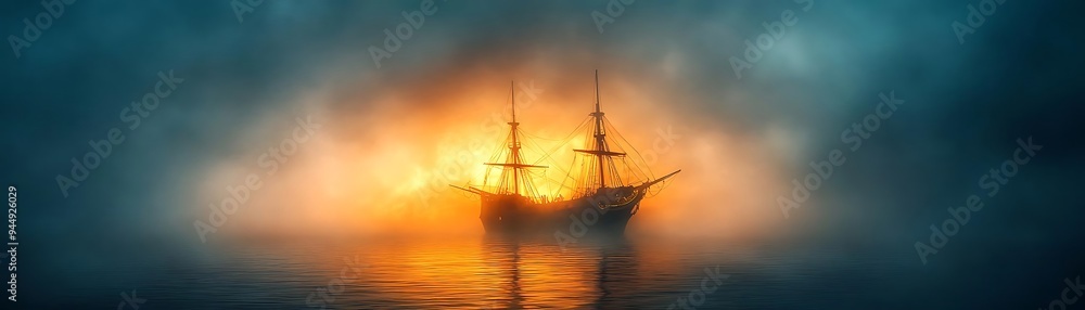 Ship Sailing Through Foggy Sunset - Digital Illustration Ship Sailing Through Foggy Sunset - Digital Illustration