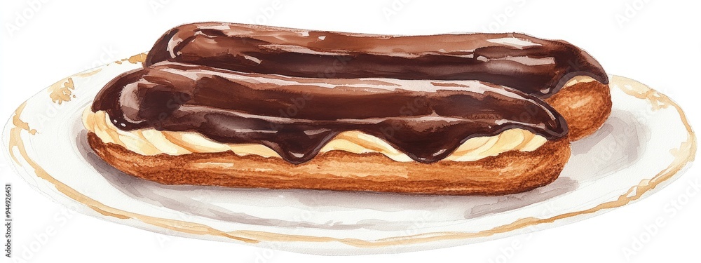 Watercolor illustration of two chocolate eclairs on a white ceramic plate macro shot isolated on a white background Watercolor illustration of two chocolate eclairs on a white ceramic plate macro shot isolated on a white background