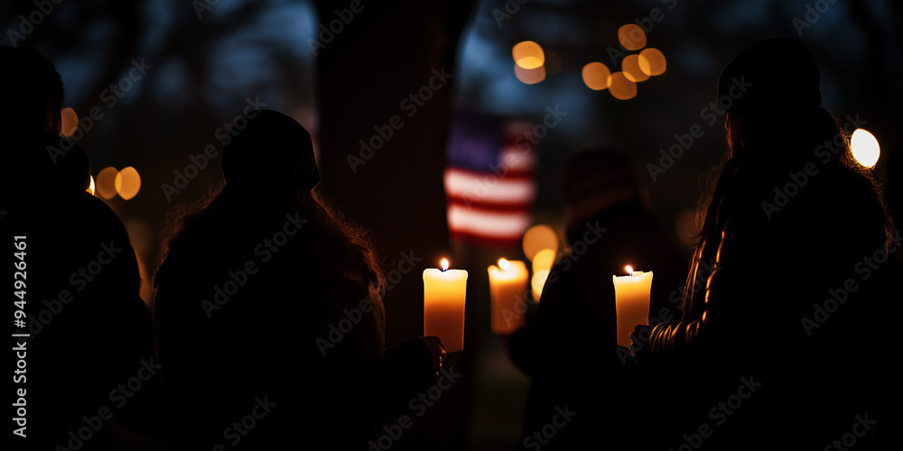 Darkened scene of candlelit silhouettes creating an American flag glow, Patriot Day
Darkened scene of candlelit silhouettes creating an American flag glow, Patriot Day