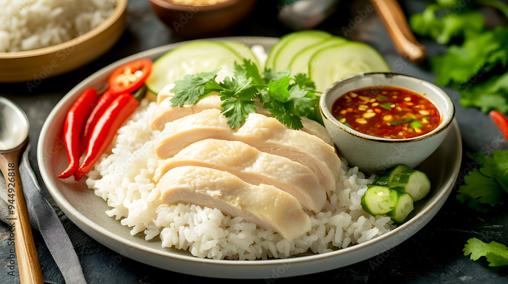 A neatly arranged plate of Khao Man Gai, with tender poached chicken slices, fragrant rice, and a small bowl of savory dipping sauce A neatly arranged plate of Khao Man Gai, with tender poached chicken slices, fragrant rice, and a small bowl of savory dipping sauce