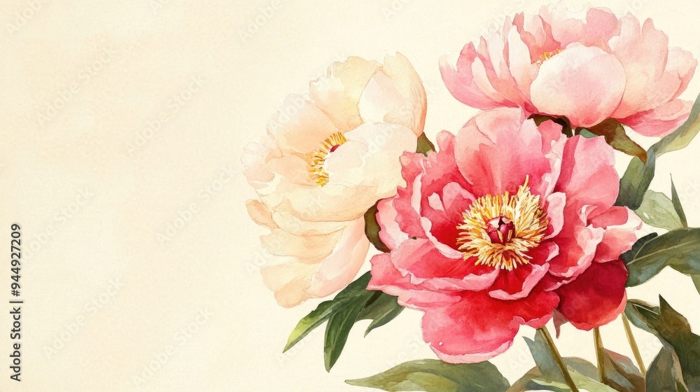 Watercolor illustration of peonies on a greeting card Watercolor illustration of peonies on a greeting card