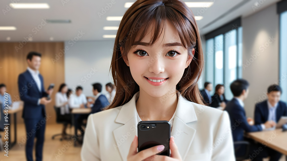 3D Anime Businesswoman Holding Phone in Office 3D Anime Businesswoman Holding Phone in Office