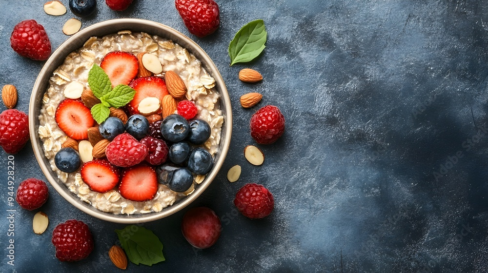 Appetizing and nourishing bowl of creamy oatmeal topped with an assortment of fresh colorful fruits and crunchy nuts served on a simple wooden table with ample copy space Appetizing and nourishing bowl of creamy oatmeal topped with an assortment of fresh colorful fruits and crunchy nuts served on a simple wooden table with ample copy space