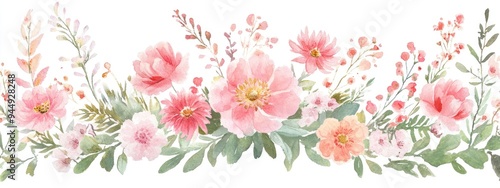 Watercolor illustration of pink flowers and greenery featuring a floral bouquet and wreath design