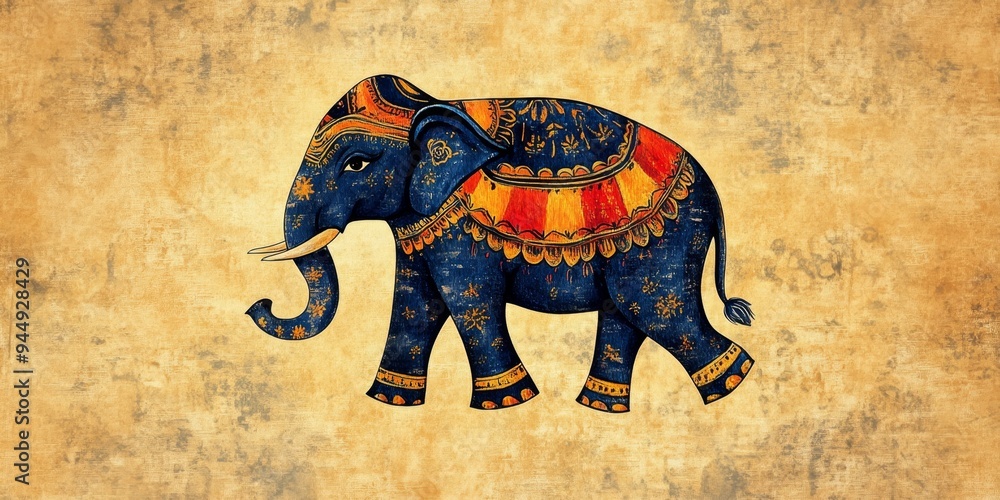 Obraz premium Elegant Madhubani Elephant Artwork: Traditional Indian Folk Art on Textured Background. Vibrant Cultural Design for Scarf Patterns, Children's Book Illustrations, and Ethnic Decor. Creative Animal Mot