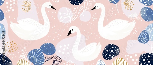Fototapeta Naklejka Na Ścianę i Meble -  Elegant vector illustration of swan pattern in pink and navy tones
