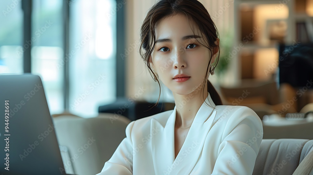 Naklejka premium A dynamic image of a Korean model in a contemporary office, sitting on a sleek chair with a laptop on her lap.
