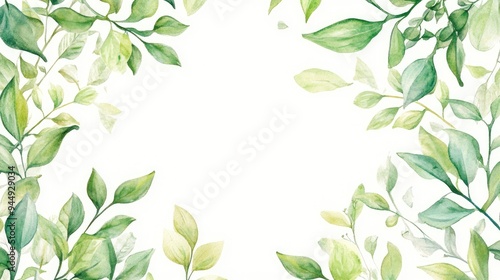 Watercolor illustration of green flowers and leaves on a white background featuring a decorative frame suitable for stationery greetings wallpapers fashion and anniversaries