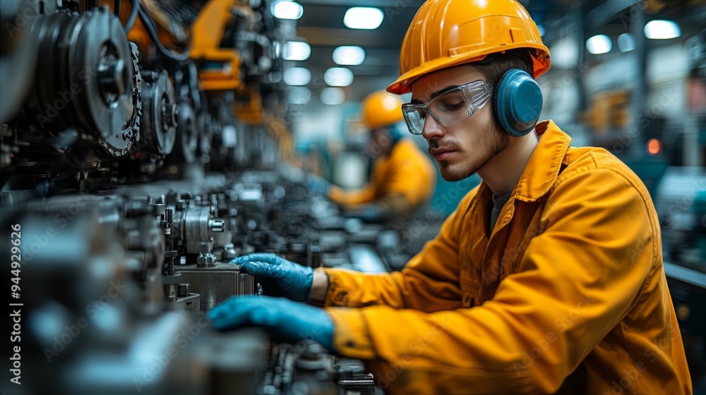 Efficiency in Action: Factory Workers Overseeing Production on the Floor. Industrial Revolution concept Efficiency in Action: Factory Workers Overseeing Production on the Floor. Industrial Revolution concept