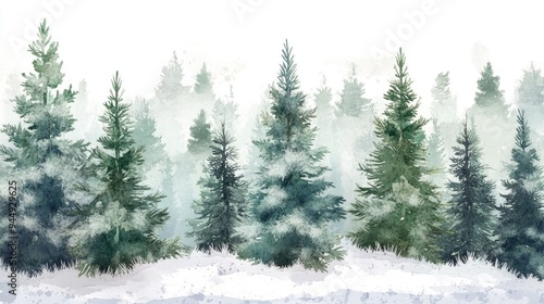 Watercolor illustration of trees in a forest featuring spruce and fir varieties in a winter setting