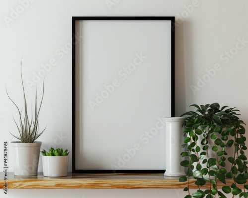 Wallpaper Mural Modern Scandinavian Home Decor: Empty Black Poster Frame on Wooden Shelf Torontodigital.ca