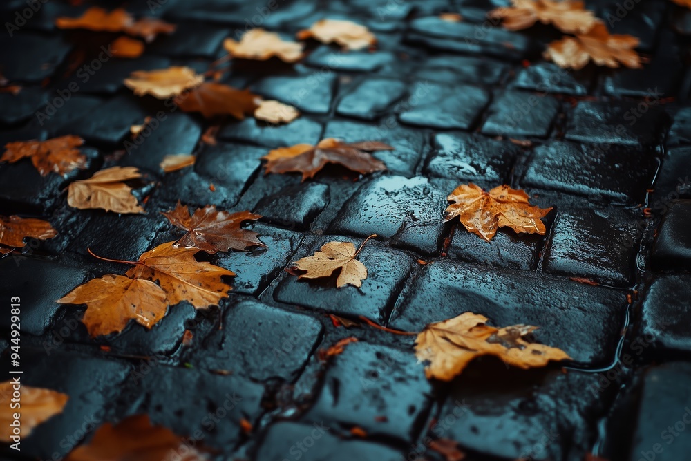 Autumn leaves resting on wet cobblestone pavement after a light rain in a tranquil neighborhood setting Autumn leaves resting on wet cobblestone pavement after a light rain in a tranquil neighborhood setting